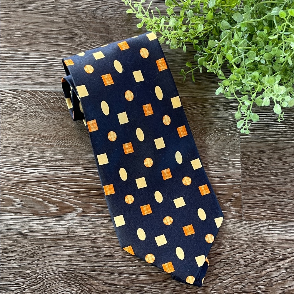 Kai Long Handmade 100% Silk Men’s Navy Blue & Orange Geometric Pattern